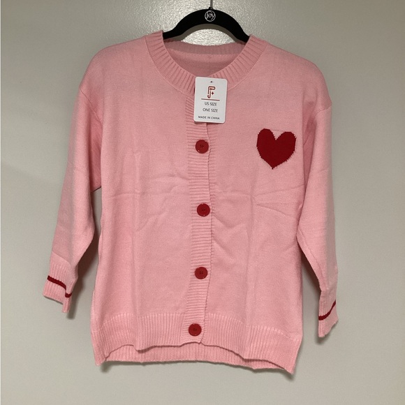 Findthy Sweater Women Knitted Pink Cardigan Valentines Heart Printed Bottons - Picture 2 of 12